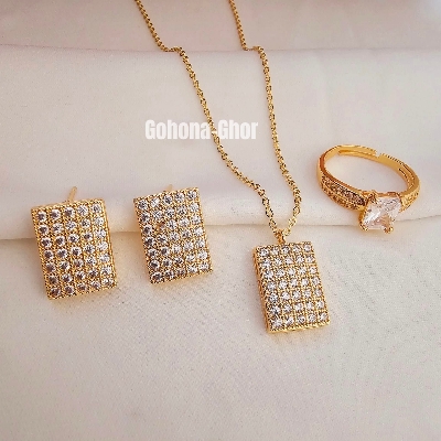 Picture of Stainless Steel Square Zircon Stone Pendant Chain Necklace, Earring & Ring Combo Set For Women Engagement Jewelry Gifts