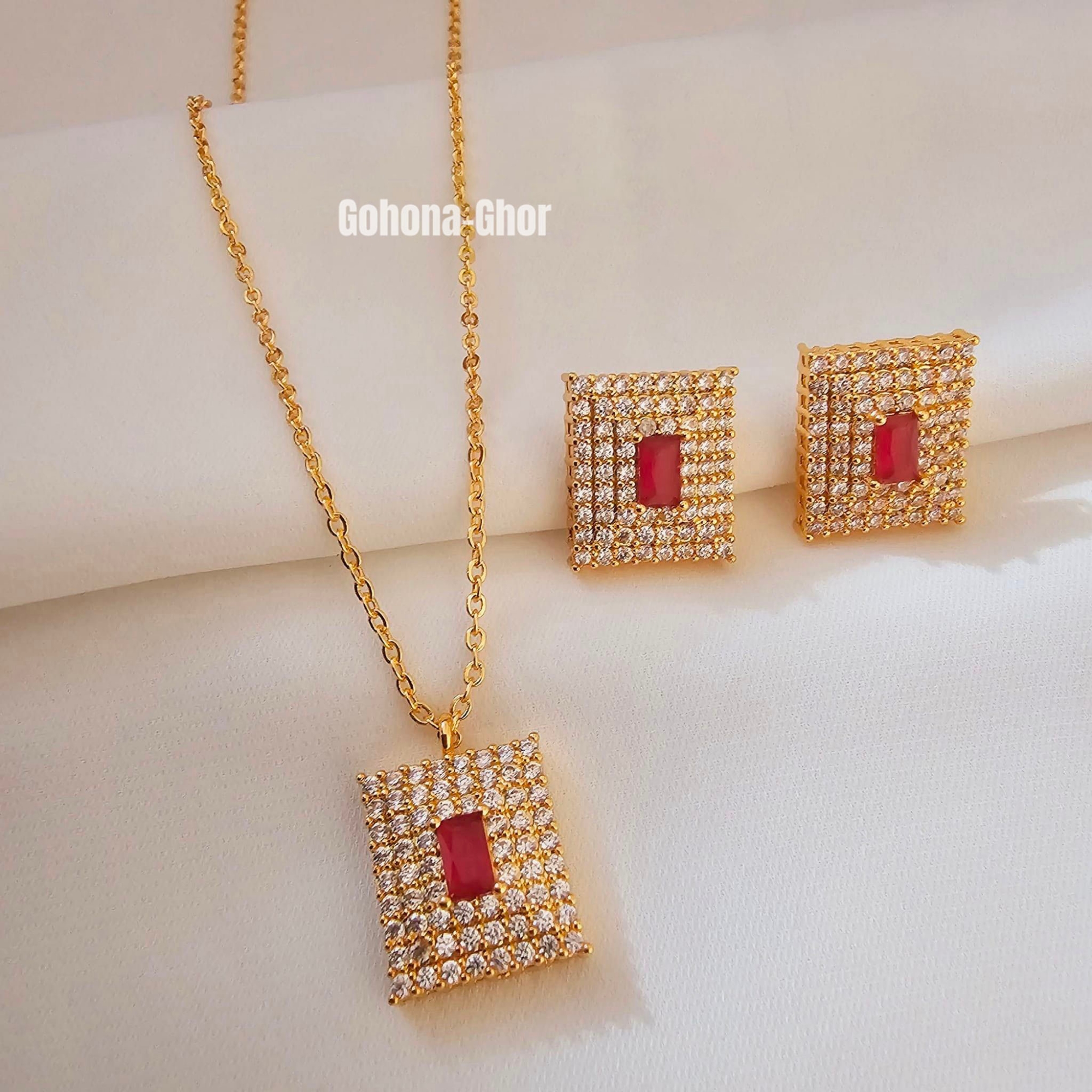Picture of Stainless Steel Square Zircon Stone Pendant Chain Necklace, Earring & Ring Combo Set For Women Engagement Jewelry Gifts