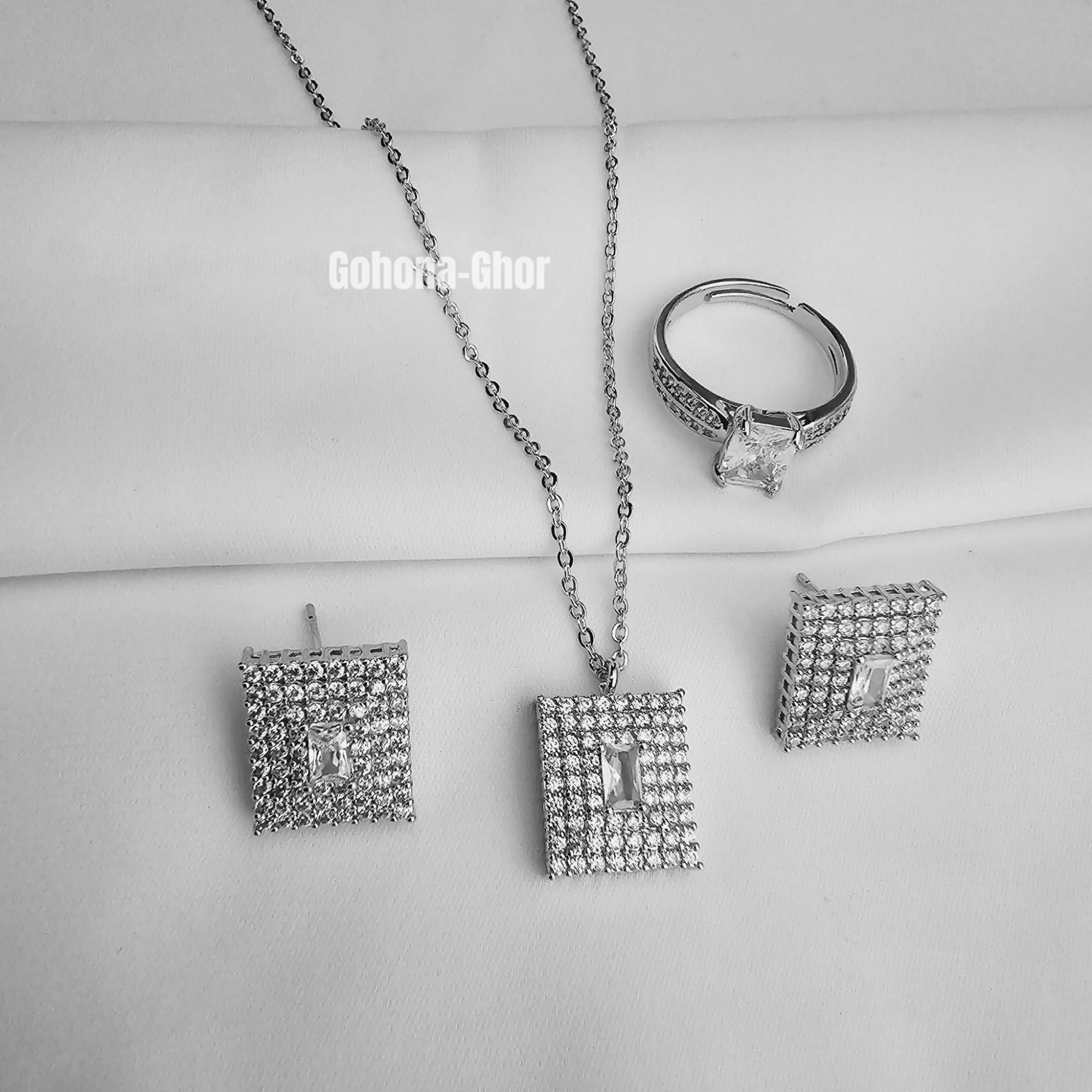 Picture of Stainless Steel Square Zircon Stone Pendant Chain Necklace, Earring & Ring Combo Set For Women Engagement Jewelry Gifts