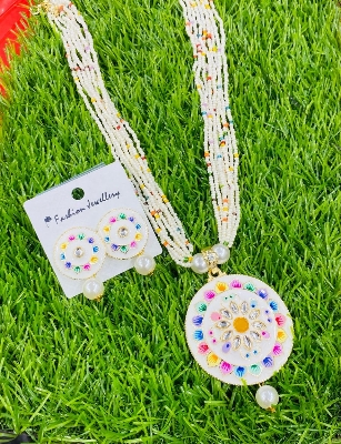 Picture of Trendy White Kundan And Meenakari Long Necklace Set For Women