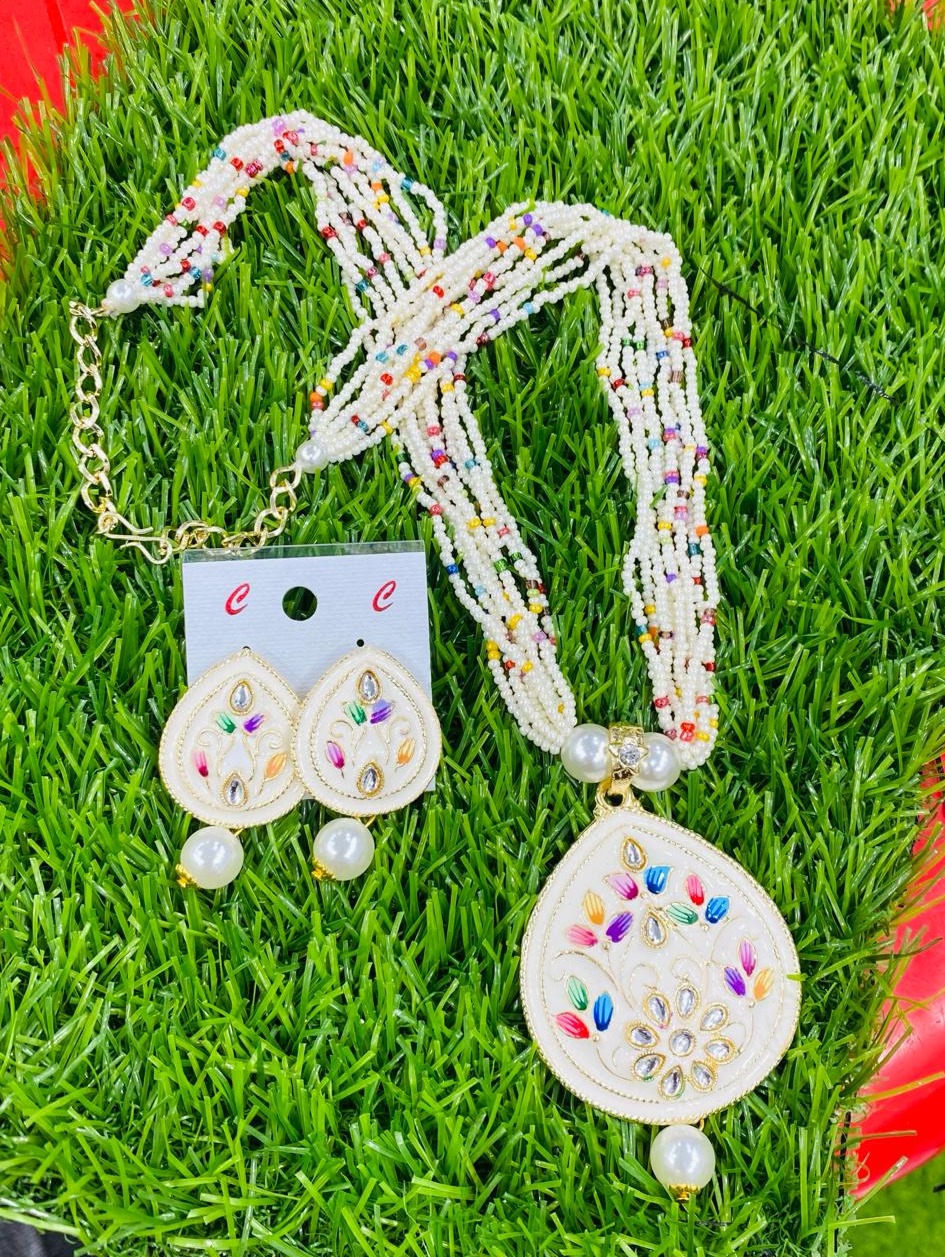 Picture of Trendy White Kundan And Meenakari Long Necklace Set For Women