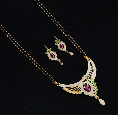 Picture of Bollywood Design Valentine Gift Premium CZ Gold Plated Alloy Necklace set (Mangala shutra) For Women