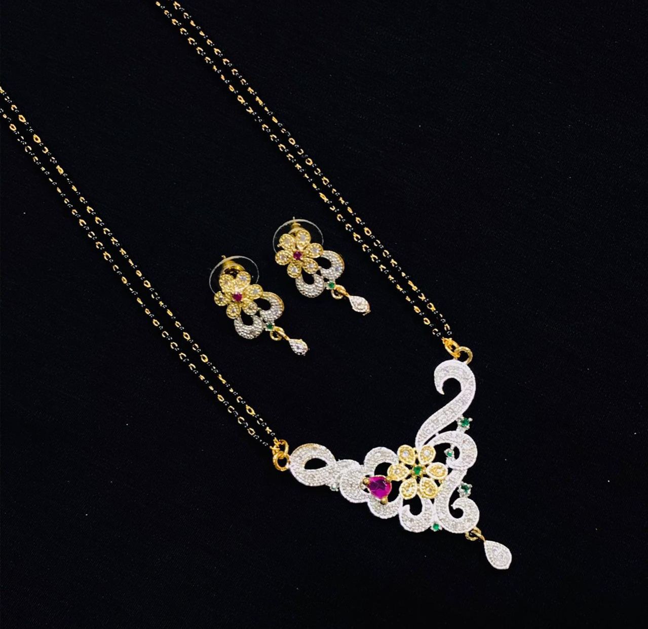 Picture of Bollywood Design Valentine Gift Premium CZ Gold Plated Alloy Necklace set (Mangala shutra) For Women