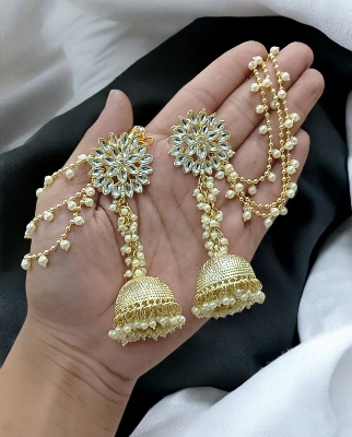 Picture of Indian Joypuri Premium Quality Kundan Stone & faux Mixed Pearl Tana Earring For Girls