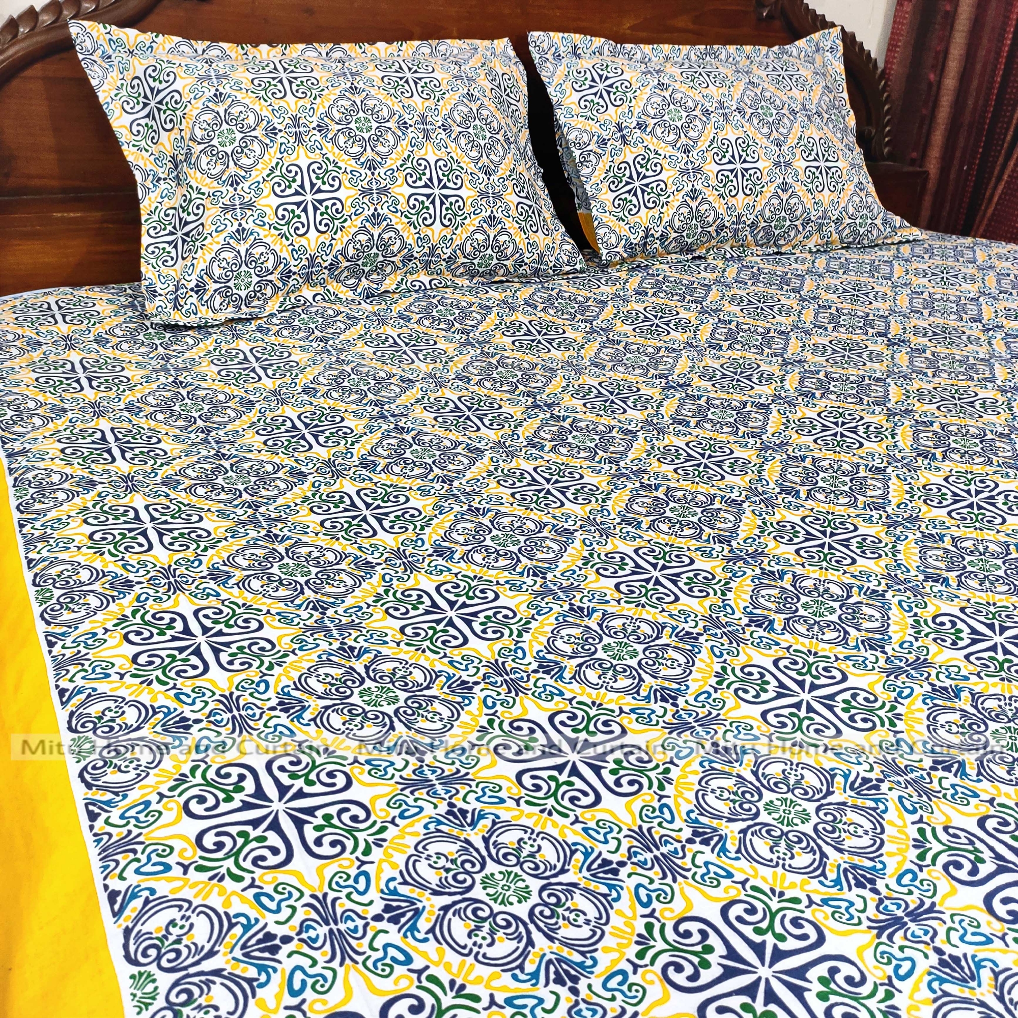 Picture of King size Bedsheet with Pillow cover Chador set 7.5×8.25 feet Full cotton fabric Pink , Green