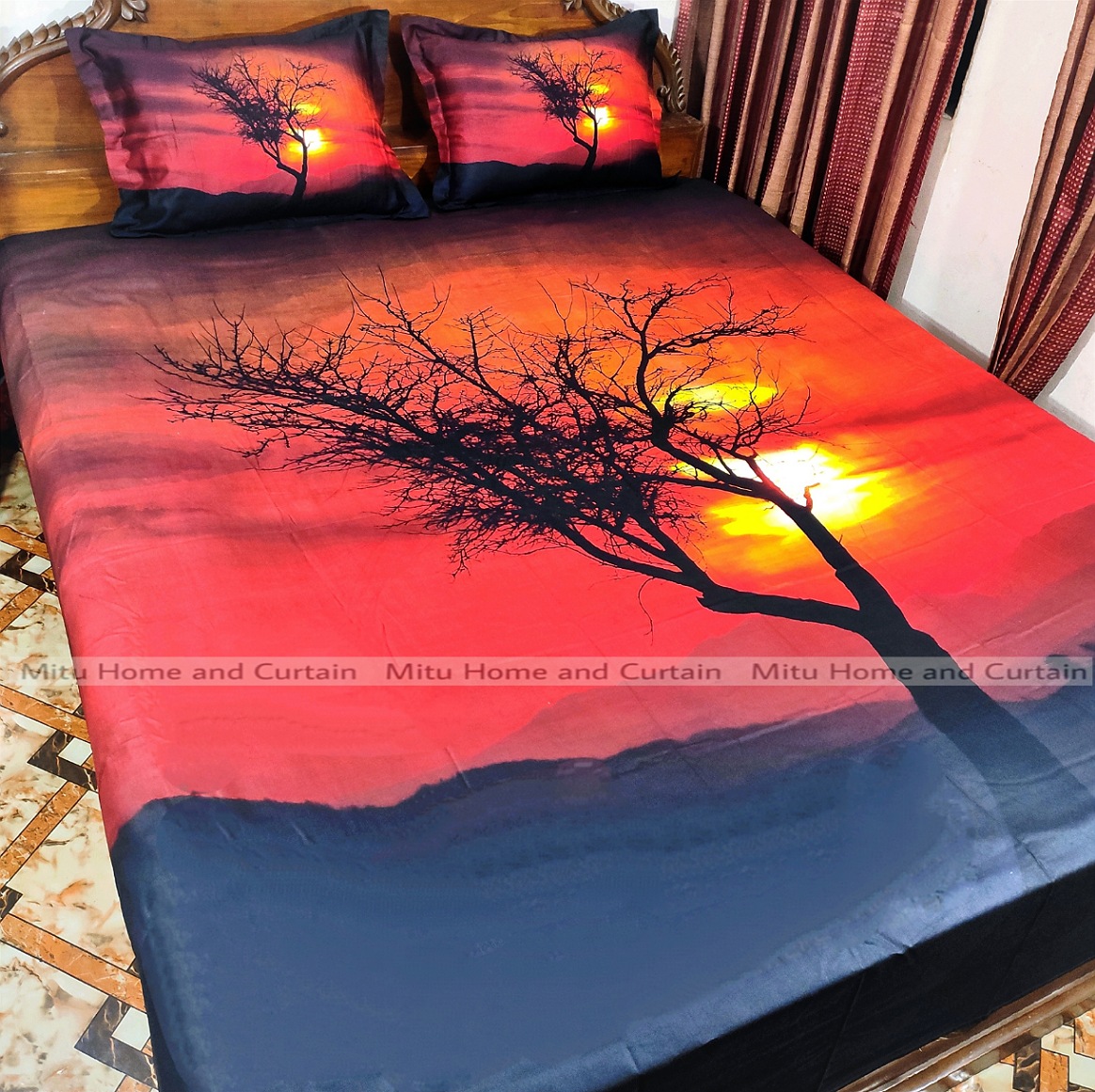 Buy king-size-full-panel-bedsheet-with-pillow-cover-chador-set-7585-feet-full-cotton-fabric-deep-blue-black-coffee-chocolate at best price in Bangladesh