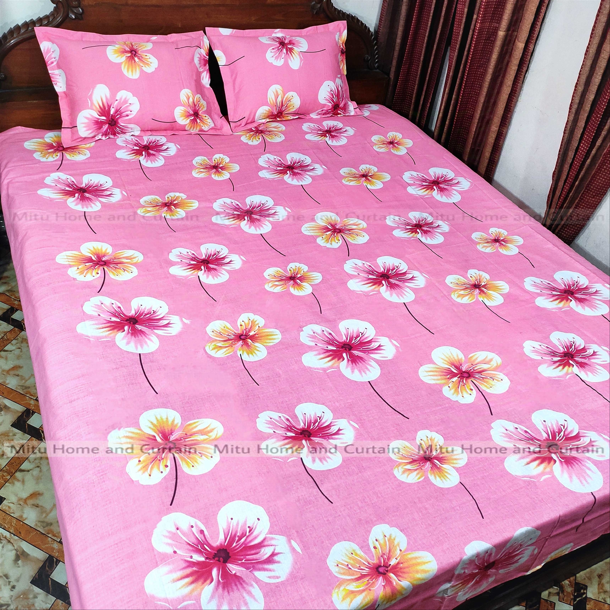 Buy Pillow king-size-bedsheet-with-pillow-cover-chador-set-75825-feet-full-cotton-fabric-pink-green-at best price in Bangladesh
