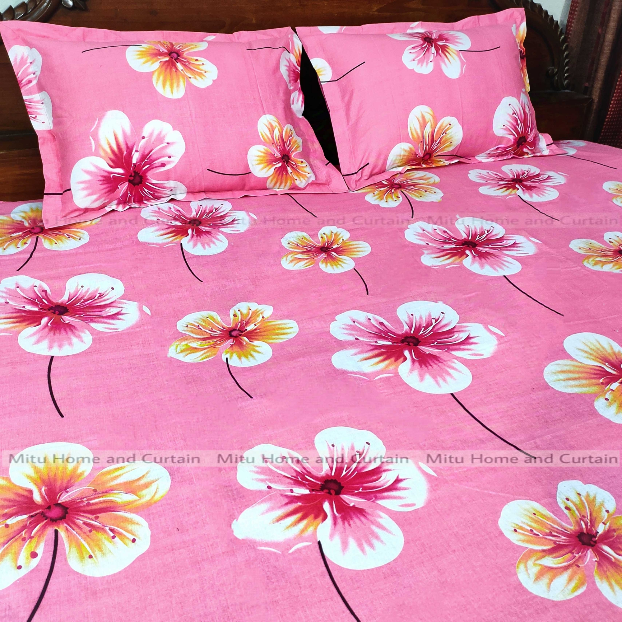Buy Pillow king-size-bedsheet-with-pillow-cover-chador-set-75825-feet-full-cotton-fabric-pink-green-at best price in Bangladesh