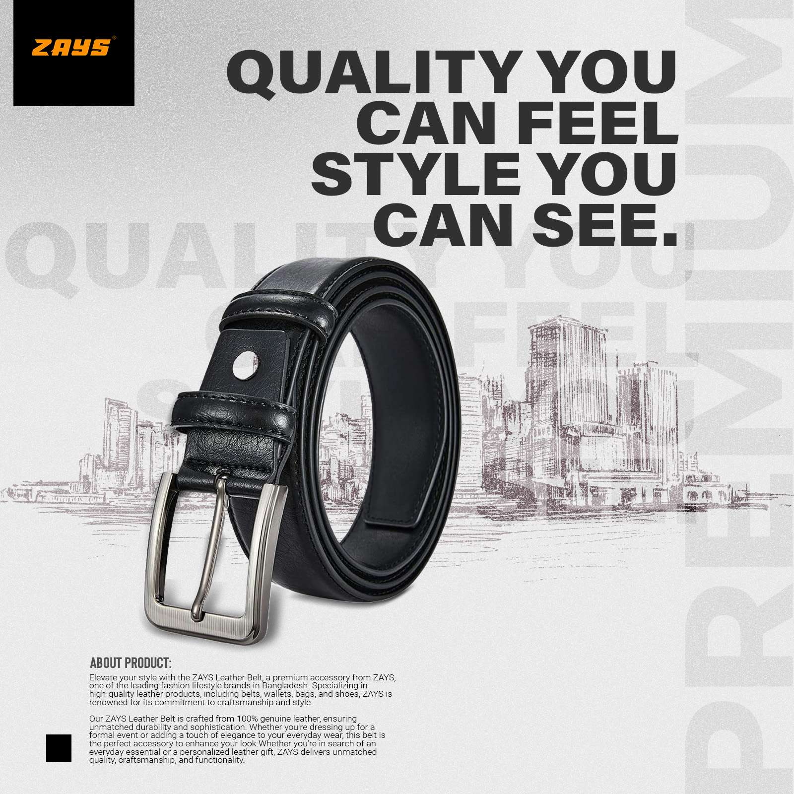 Picture of Zays Handcrafted Genuine Leather Belt for Men – Premium, Durable, Stylish & Adjustable | Best High-Quality Leather Belt for Formal and Casual Wear in Bangladesh