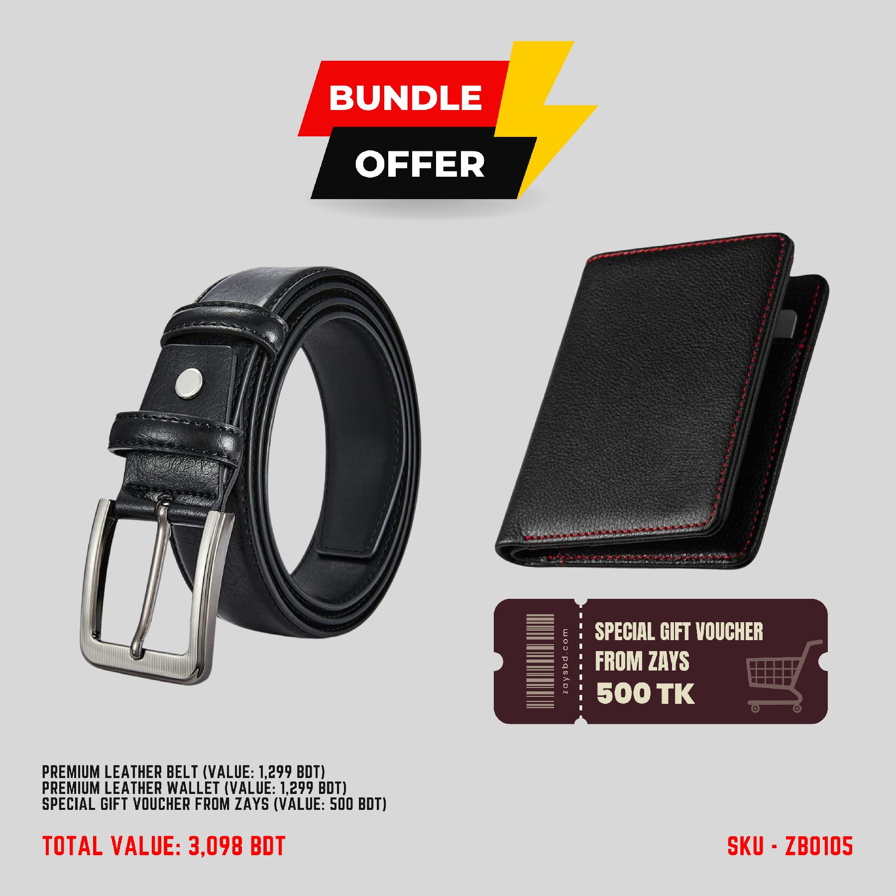 Picture of ZAYS Special Bundle: Premium Leather Belt, Wallet & Exclusive 500 TK Gift Voucher | Limited Time Deal & Stock | Huge Savings on Quality Leather Accessories