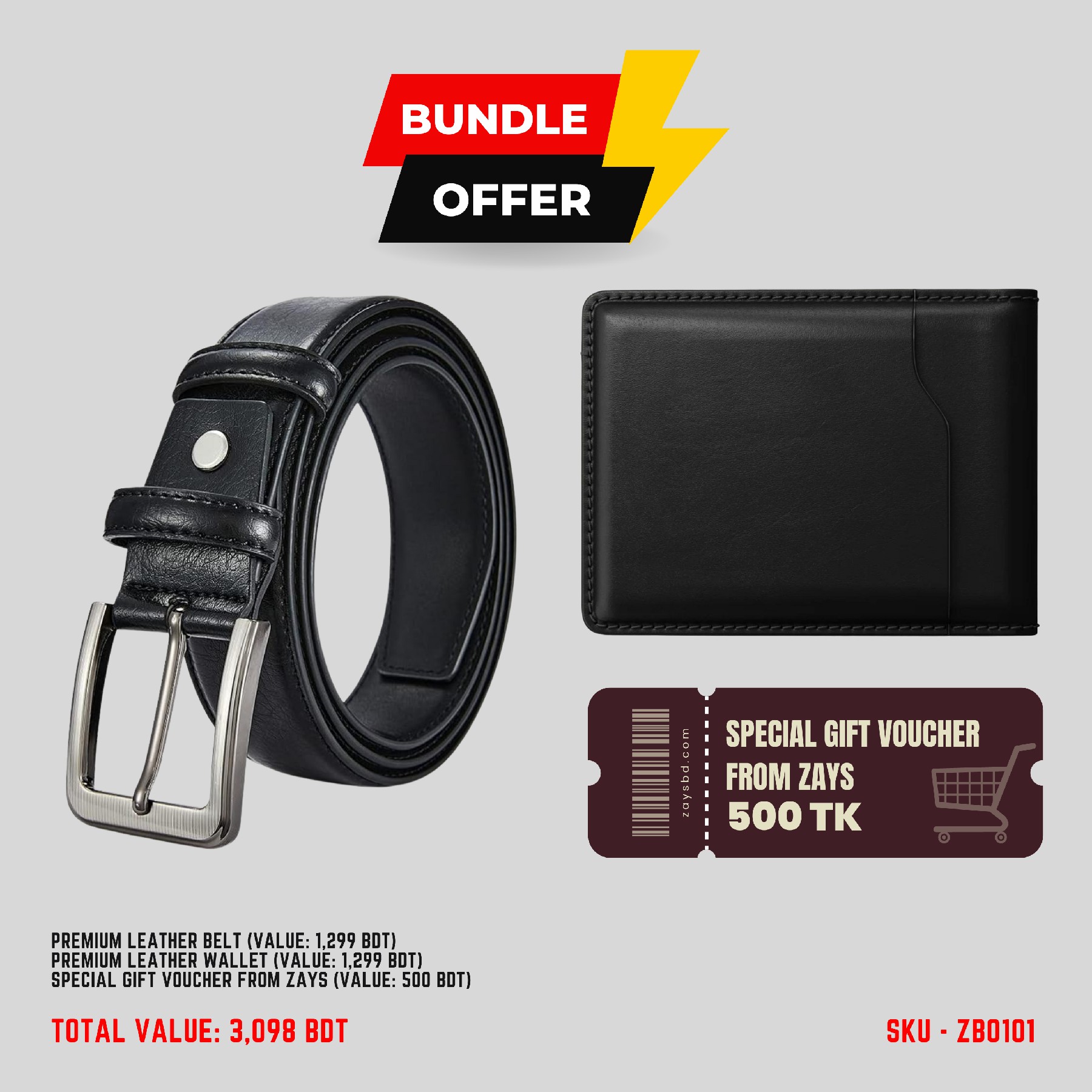 Picture of ZAYS Special Bundle: Premium Leather Belt, Wallet & Exclusive 500 TK Gift Voucher Huge Savings on Quality Leather Accessories