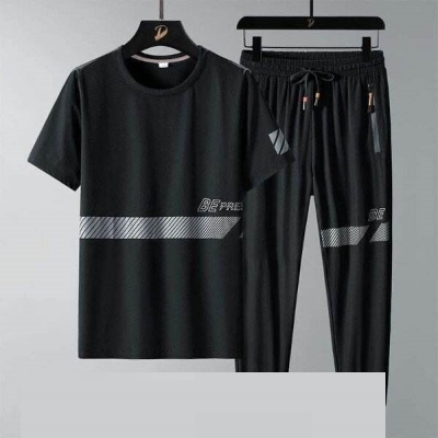 Picture of Black Color Stylist Printed Cotton Half Sleeve T-Shirt & Full Pant (Set) for Men - Coordinated Style for Casual Occasions and Cool Weather