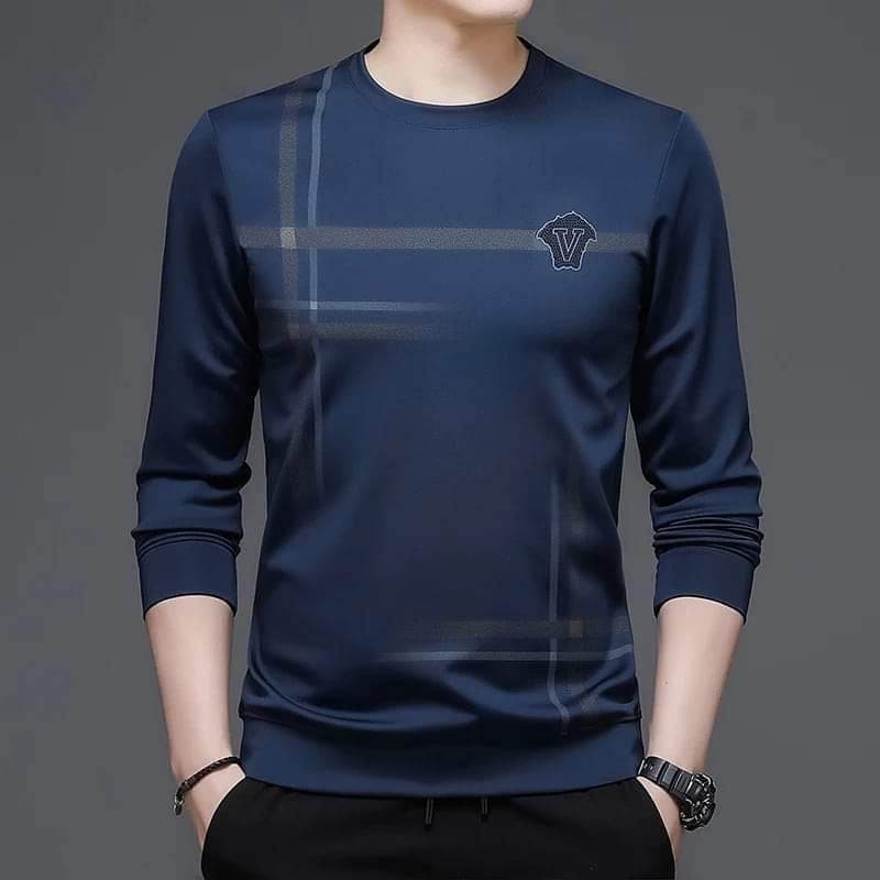 Picture of New Classic Navy Blue Full Sleeve T-Shirt For Men - Stay Fashionable and Comfortable in this Classic T-Shirt