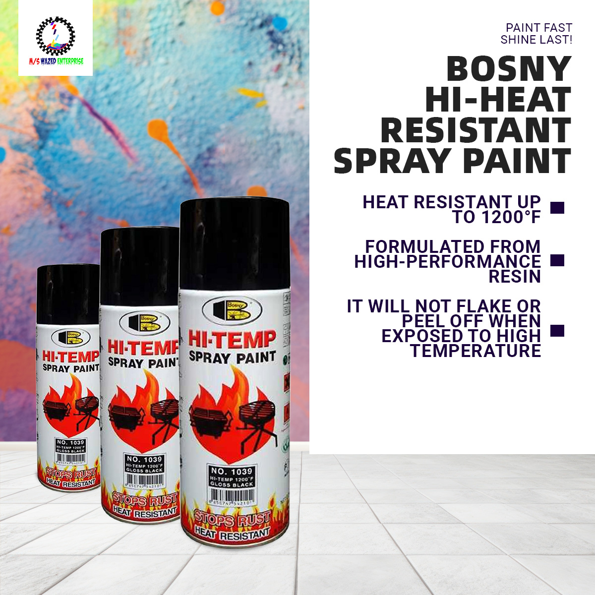 Picture of Add a Glossy Finish with Bosny Hi-Heat Resistant 1200°F Aerosol Spray Paint (400 ml, Gloss Black) - Easy To Clean, A Unique Choice For DIY Enthusiasts