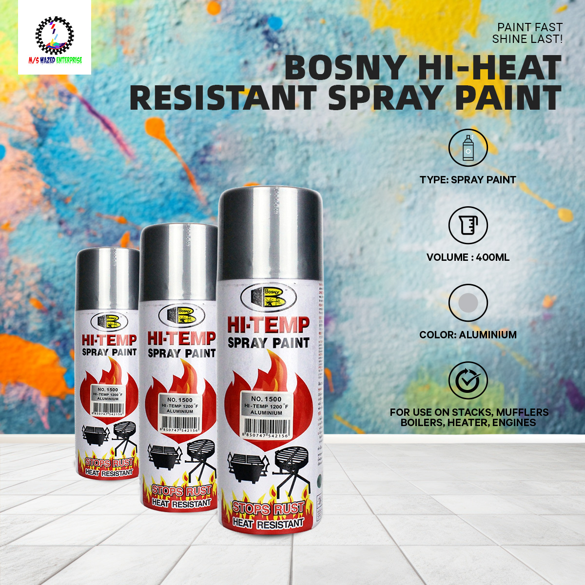 Picture of Bosny Hi-Heat Resistant 1200°F Aerosol Spray Paint (400 ml, Aluminium)