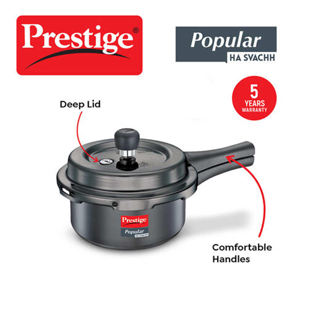 Picture of Prestige Popular Svachh Hard Anodised Outer Lid Pressure Cooker Deep Lid-Controls Spillage-Black-5Ltr 