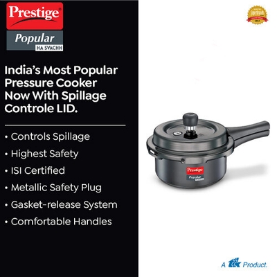 Picture of Prestige Popular Svachh Hard Anodised Outer Lid Pressure Cooker Deep Lid-Controls Spillage-Black-3 ltr