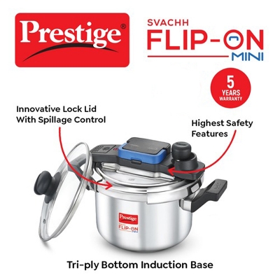 Picture of Prestige Svachh Flip-on Stainless Steel Gas and Induction Compatible Pressure Cooker with Glass Lid, (Silver)