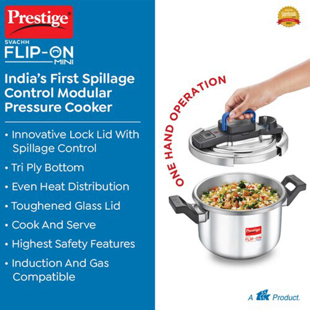 Picture of Prestige Svachh Flip-on Stainless Steel Gas and Induction Compatible Pressure Cooker with Glass Lid, (Silver)