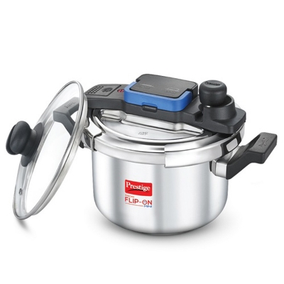 Picture of Prestige Svachh Flip-on Stainless Steel Gas and Induction Compatible Pressure Cooker with Glass Lid, (Silver) - 5 ltr 