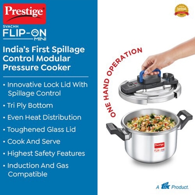 Picture of Prestige Svachh Flip-on Stainless Steel Gas and Induction Compatible Pressure Cooker with Glass Lid, (Silver) - 5 ltr 