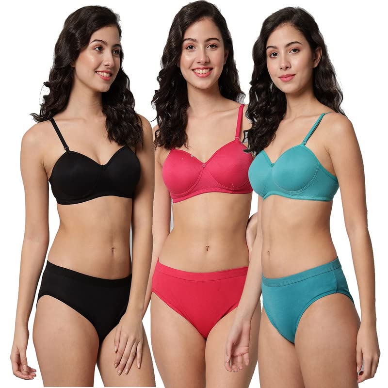 Picture of Women's Cotton Full Coverage Lightly Padded Wire Free Bra Panty  Set Honeymoon Bikni Set for Girl's Combo