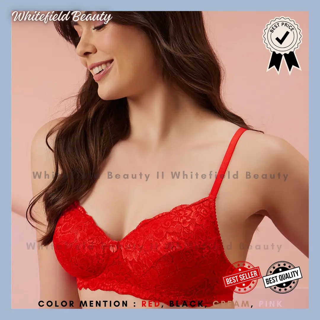 Picture of Women Bra net Pallu Bra Non-Padded Bralette Sexy Girl Bra Pack Color RED Pink , Cream