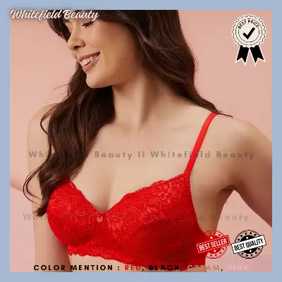 Picture of Women Bra net Pallu Bra Non-Padded Bralette Sexy Girl Bra Pack Color RED Pink , Cream