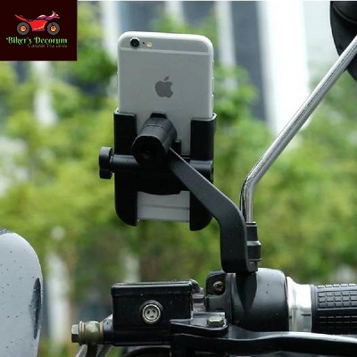 Picture of Universal Aluminum Alloy 360 ° Rotation Adjustable Rear-View Non USB Mirror. Looking glass rod Phone Holder For Motorcycle - Black