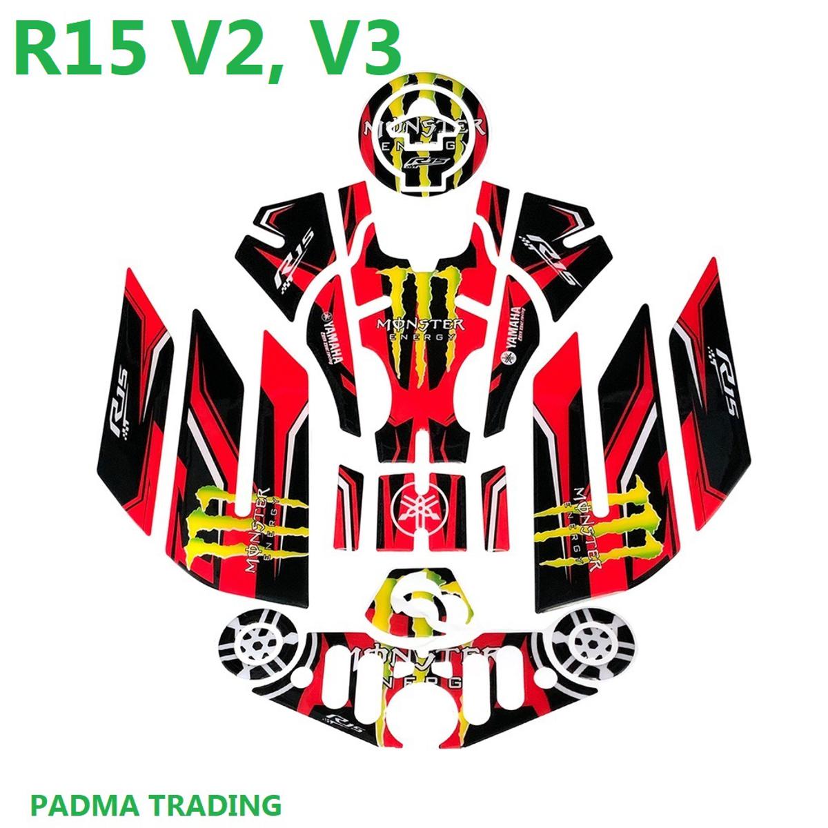 Picture of Yamaha R15 V2 -V3 3D Carbon Fiber Fuel Tank Pad Sticker full set -Monster. - Red