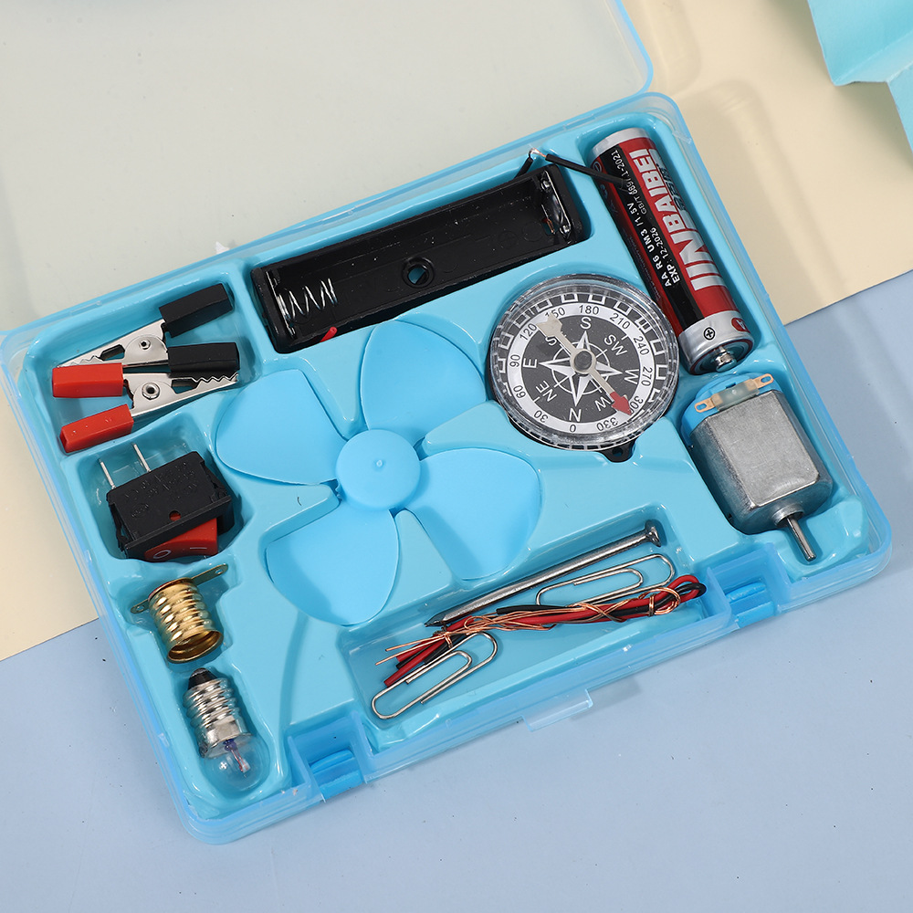 Picture of Science Box With Plastic Box Includes Fan, Compass, Light, Battery Electric Circuit Motor School Set 12 Pieces Electronic Science Project Kit for Kids Interesting Project for kids, dr Light Control Fan Circuit Science Diy Kit Educational (Big)