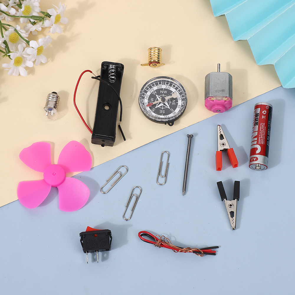 Picture of Science Box With Plastic Box Includes Fan, Compass, Light, Battery Electric Circuit Motor School Set 12 Pieces Electronic Science Project Kit for Kids Interesting Project for kids, dr Light Control Fan Circuit Science Diy Kit Educational (Big)
