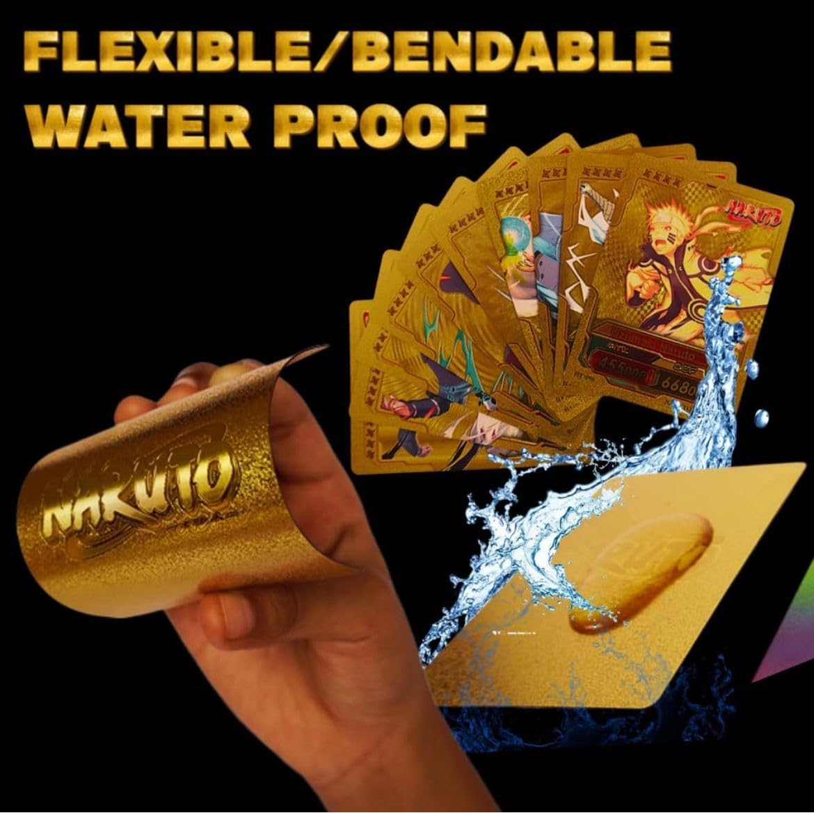 Picture of 55 Pc Naruto Gold Plastic Waterproof Cards - Anime Playing Golden Card Deck Pack With Minato, Itachi, Sakura, Kakashi - Merchandise Gift for Kids & Adults - 55 Pieces of Cards in 1 Box