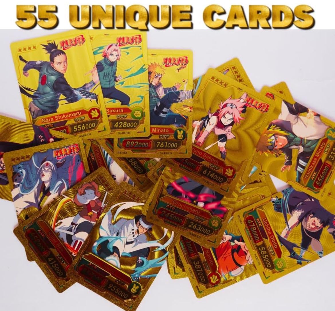 Picture of 55 Pc Naruto Gold Plastic Waterproof Cards - Anime Playing Golden Card Deck Pack With Minato, Itachi, Sakura, Kakashi - Merchandise Gift for Kids & Adults - 55 Pieces of Cards in 1 Box