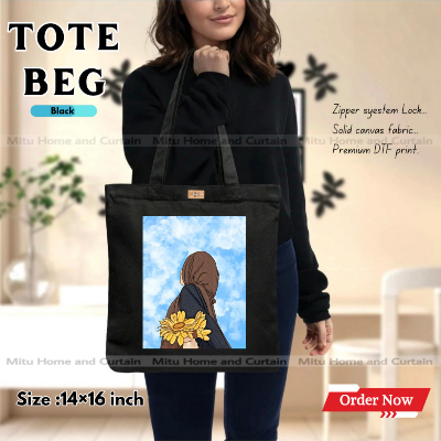 Picture of Premium Tote Bag with Zipper Canvas Tote Bag for Women Trendy Shopping Bag / College Bag / University Bag Tote Bag, Canvas Bag with Zipper 