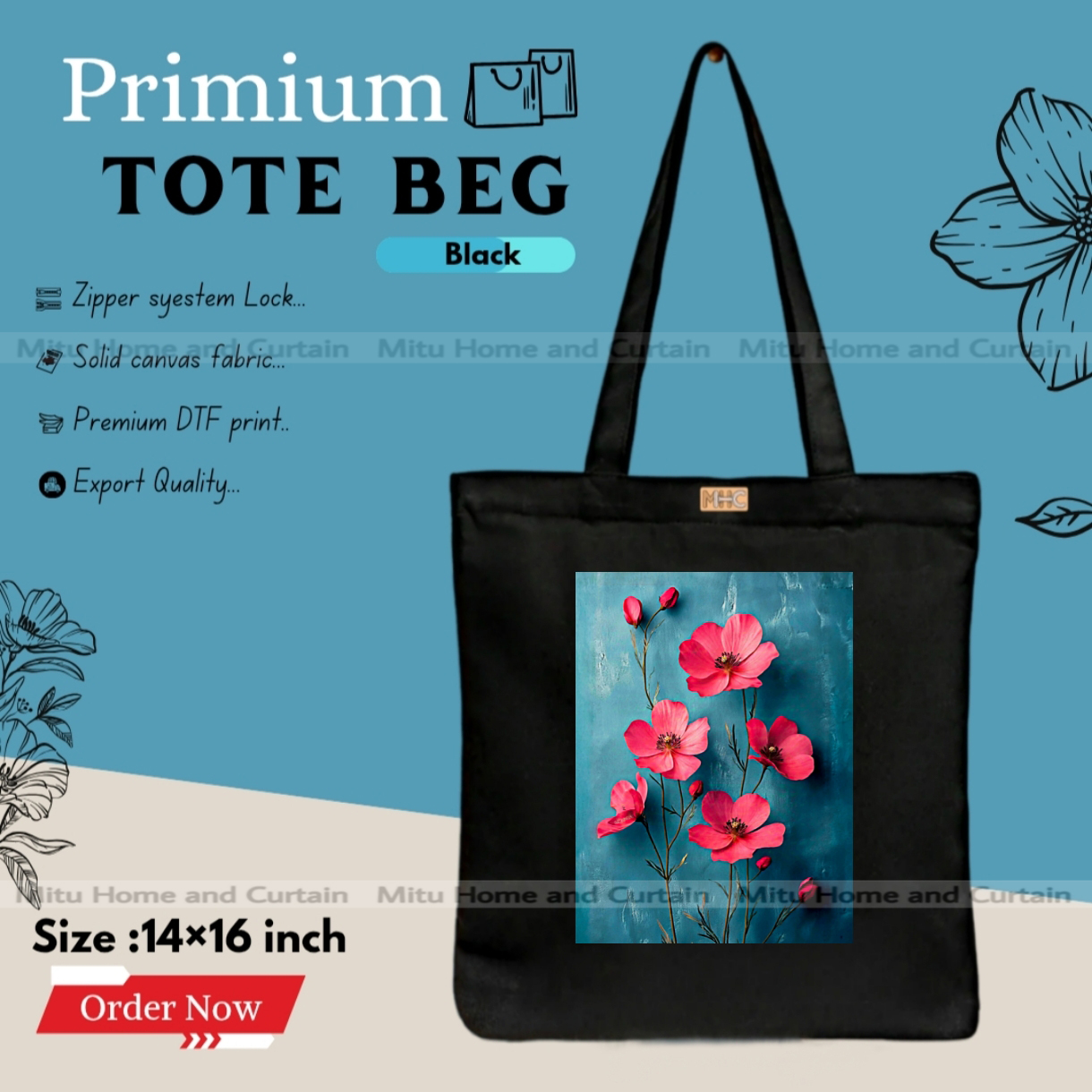 Picture of - Premium Tote Bag with Zipper Canvas Tote Bag for Women Trendy Shopping Bag / College Bag / University Bag Tote Bag, Canvas Bag with Zipper 