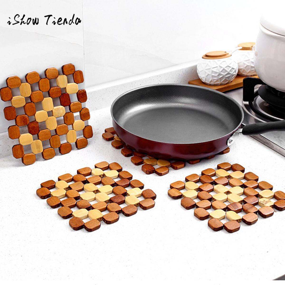 Picture of Table Coasters Square Bamboo Placemat Heat Insulation Hollow Pad Desk Pot Cup Mat Table Mat Decorations Kitchen Accessory (6 Pic)