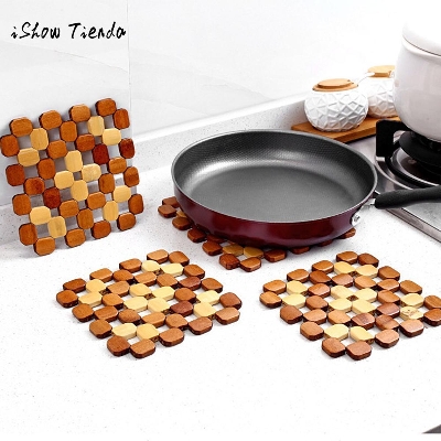 Picture of Table Coasters Square Bamboo Placemat Heat Insulation Hollow Pad Desk Pot Cup Mat Table Mat Decorations Kitchen Accessory (6 Pic)