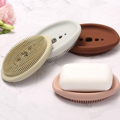 Picture of Multifunctional Silicone Soap Box With Brush Kitchen Bathroom Cleaning Brush Soap Dish Sheet Drain