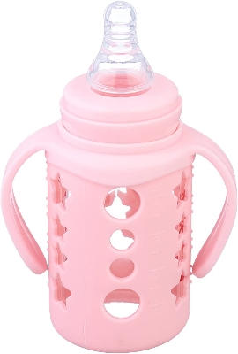 Picture of 120 ml Medium age Babies Glass Feeding Bottle Milk Water Pacifier Cup BPA-Free Rubber Sleeve Insulation Portable Toddler Feeder