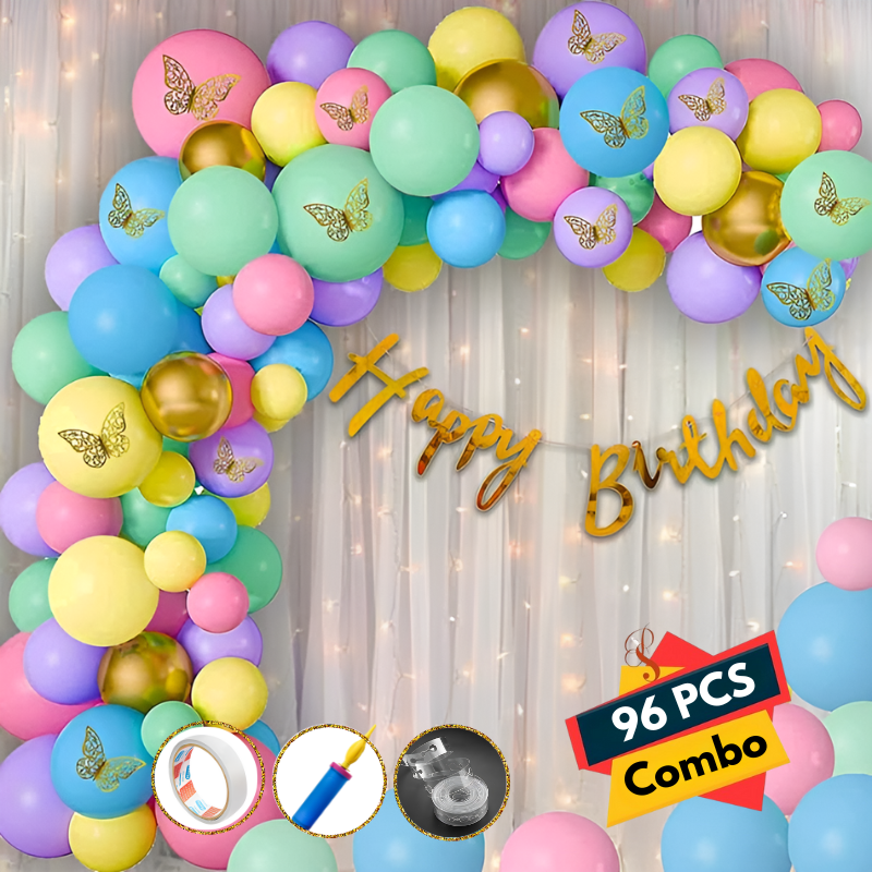 Rainbow Theme Birthday Decoration Combo Pack- Cursive Banner, Net Curtains, Pastel Balloon, 3D Paper Butterfly, Fairy Light with Decoration Kit Full Package- (Pack of 96 Pcs)