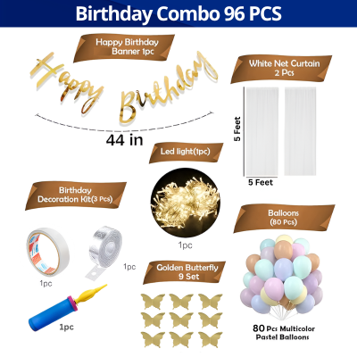 Rainbow Theme Birthday Decoration Combo Pack- Cursive Banner, Net Curtains, Pastel Balloon, 3D Paper Butterfly, Fairy Light with Decoration Kit Full Package- (Pack of 96 Pcs)