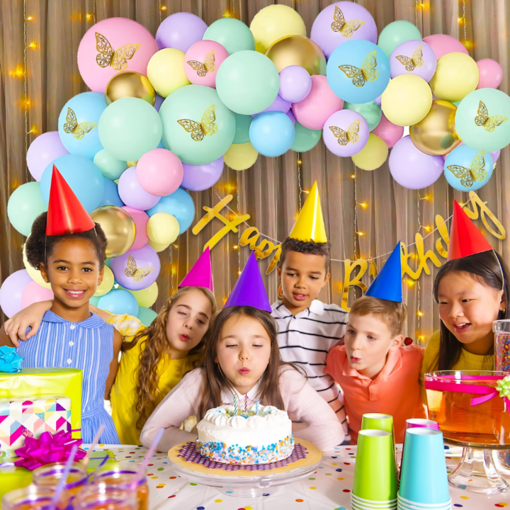 Rainbow Theme Birthday Decoration Combo Pack- Cursive Banner, Net Curtains, Pastel Balloon, 3D Paper Butterfly, Fairy Light with Decoration Kit Full Package- (Pack of 96 Pcs)
