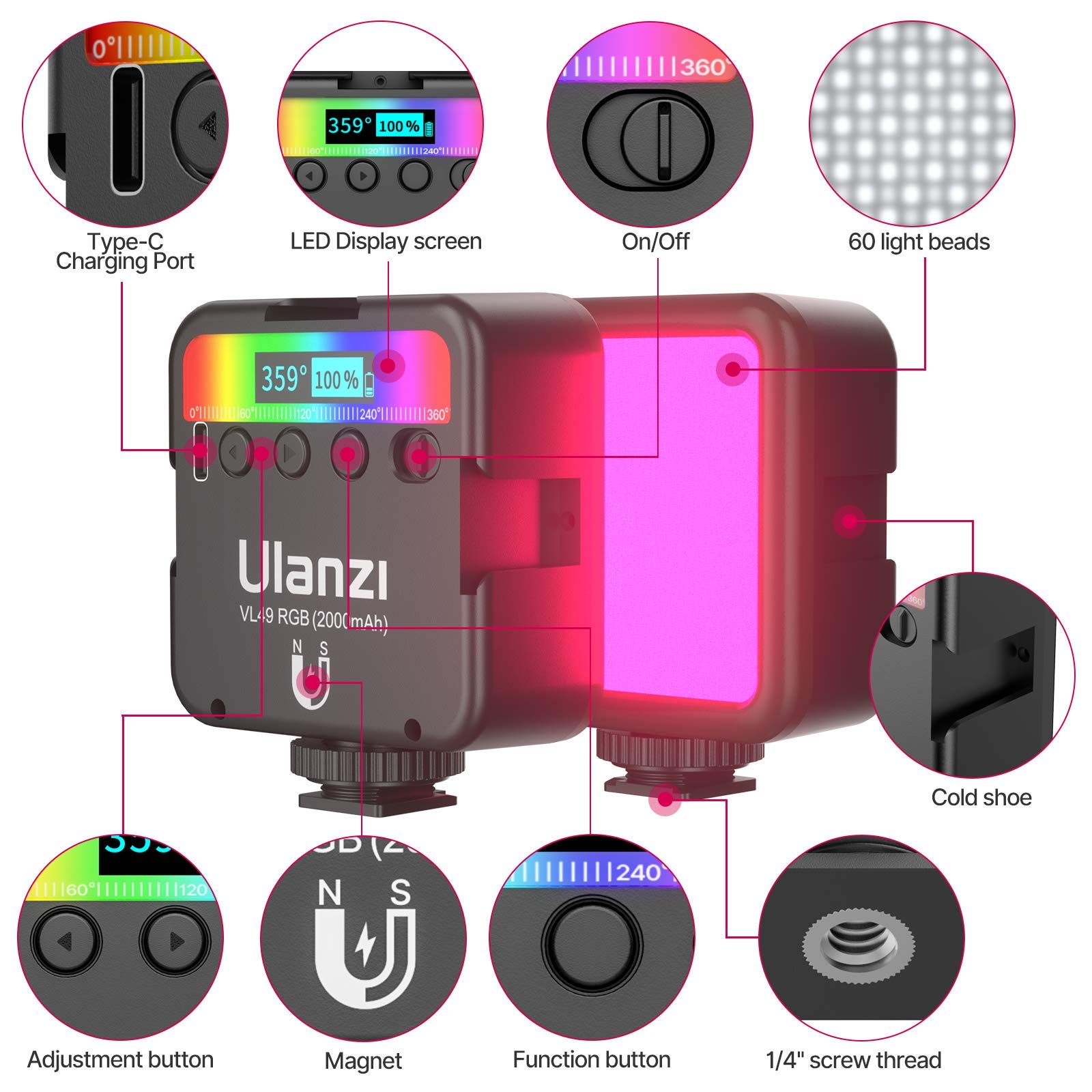 Picture of Ulanzi VL49 RGB LED Fill Light Mini Portable Multi-Function 2500K-9000K Pocket Camera Fill Light Live Photography Lighting