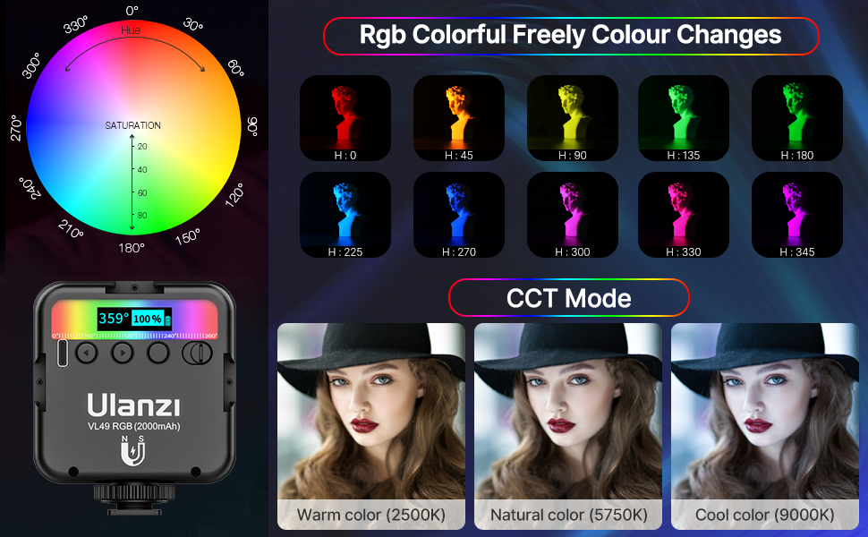 Picture of Ulanzi VL49 RGB LED Fill Light Mini Portable Multi-Function 2500K-9000K Pocket Camera Fill Light Live Photography Lighting