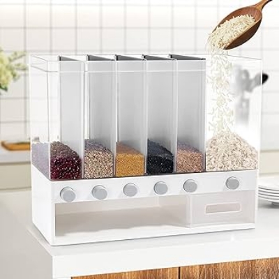 Picture of Rice Dispenser Large 6 Grid 10L Rice Wall Mounted Grain Container Storage Cereal Dispenser Pressed Sealed Dry Food Soybean Corn Storage Bin for Home Kitchen