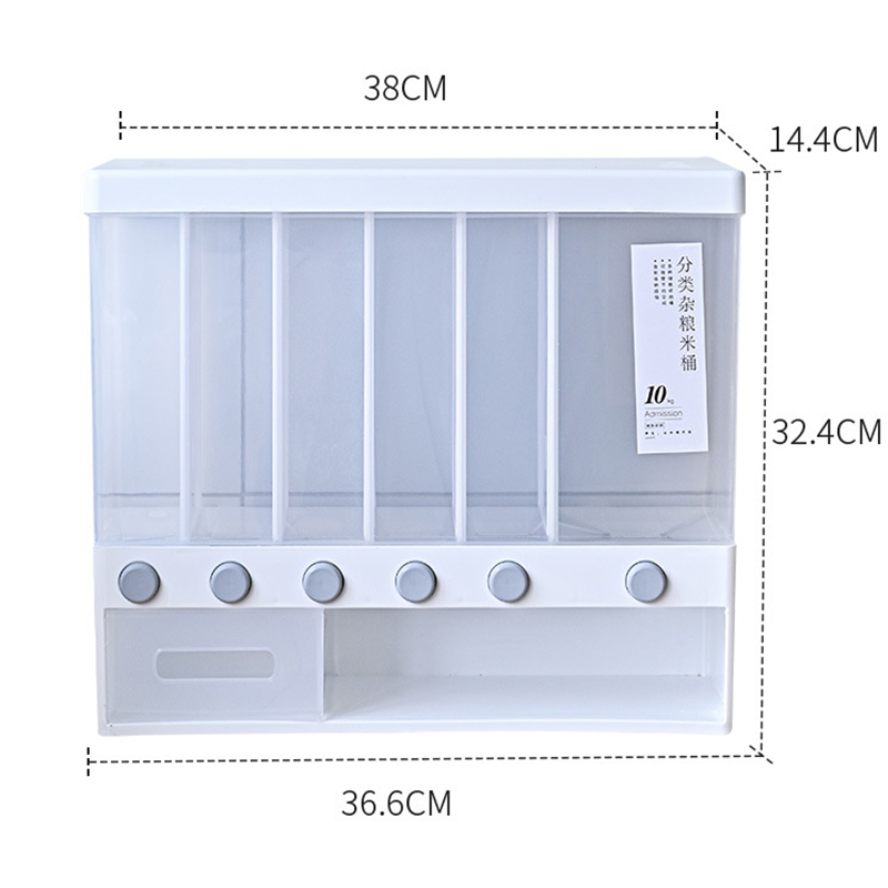 Picture of Rice Dispenser Large 6 Grid 10L Rice Wall Mounted Grain Container Storage Cereal Dispenser Pressed Sealed Dry Food Soybean Corn Storage Bin for Home Kitchen
