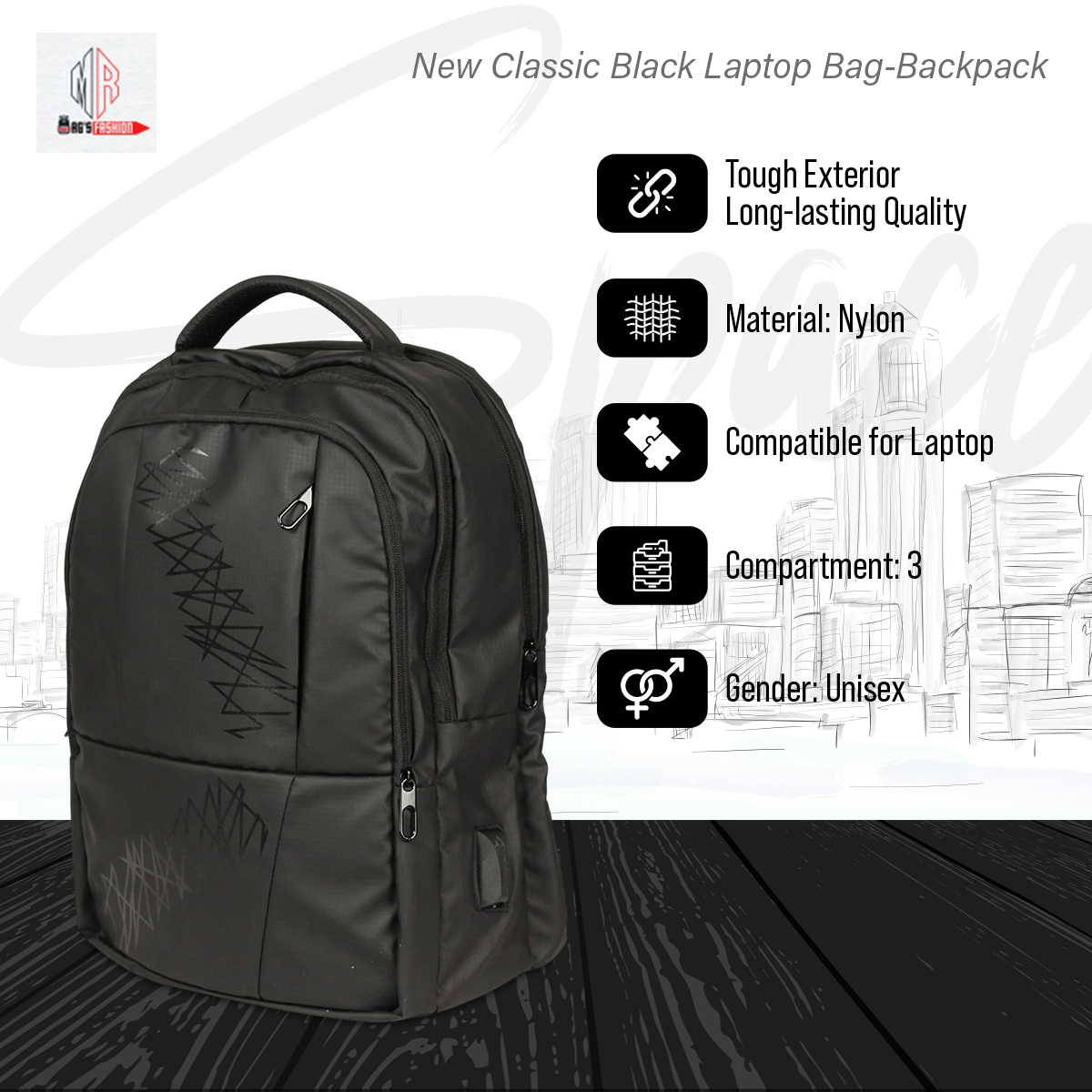 Picture of New Classic Black Laptop Bag-Backpack