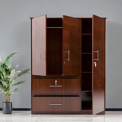 Picture of (Test Product)  Furnisha  3 Door Almira with Locker Drawer and Cloth storage shelf Furnisha Melamine Board Almari (Finish Color - Walnut)