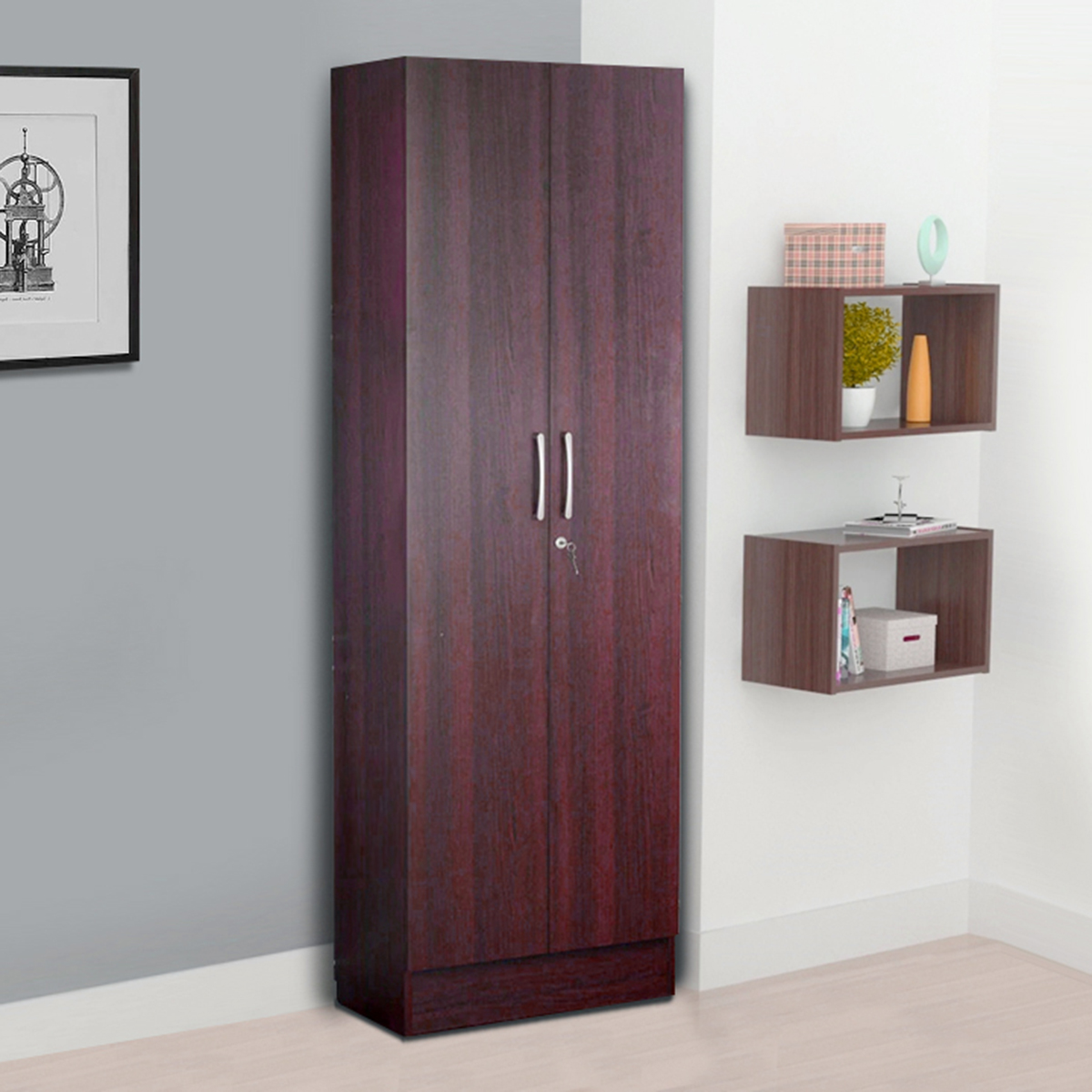 Picture of (Test Product)  Furnisha  Kenzou Two Door Almira / Wardrobe with Multiple shelves & lock door  in Walnut Finish from  Furnisha Home Decor